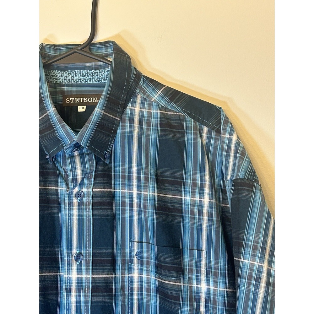 Stetson Button Down Men's Size 2XL Blue Plaid Long Sleeve Shirt Cowboy Rodeo